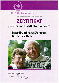 Zertifikat "Seniorenfreundlicher Service" verliehen durch den Stadtseniorenrat Halle